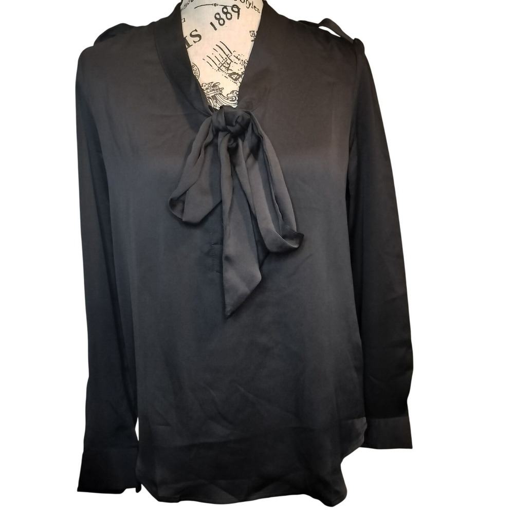 Banana Republic Black Long Sleeve Tie Neck Blouse Womens XS Button Cuffs NWT‎
